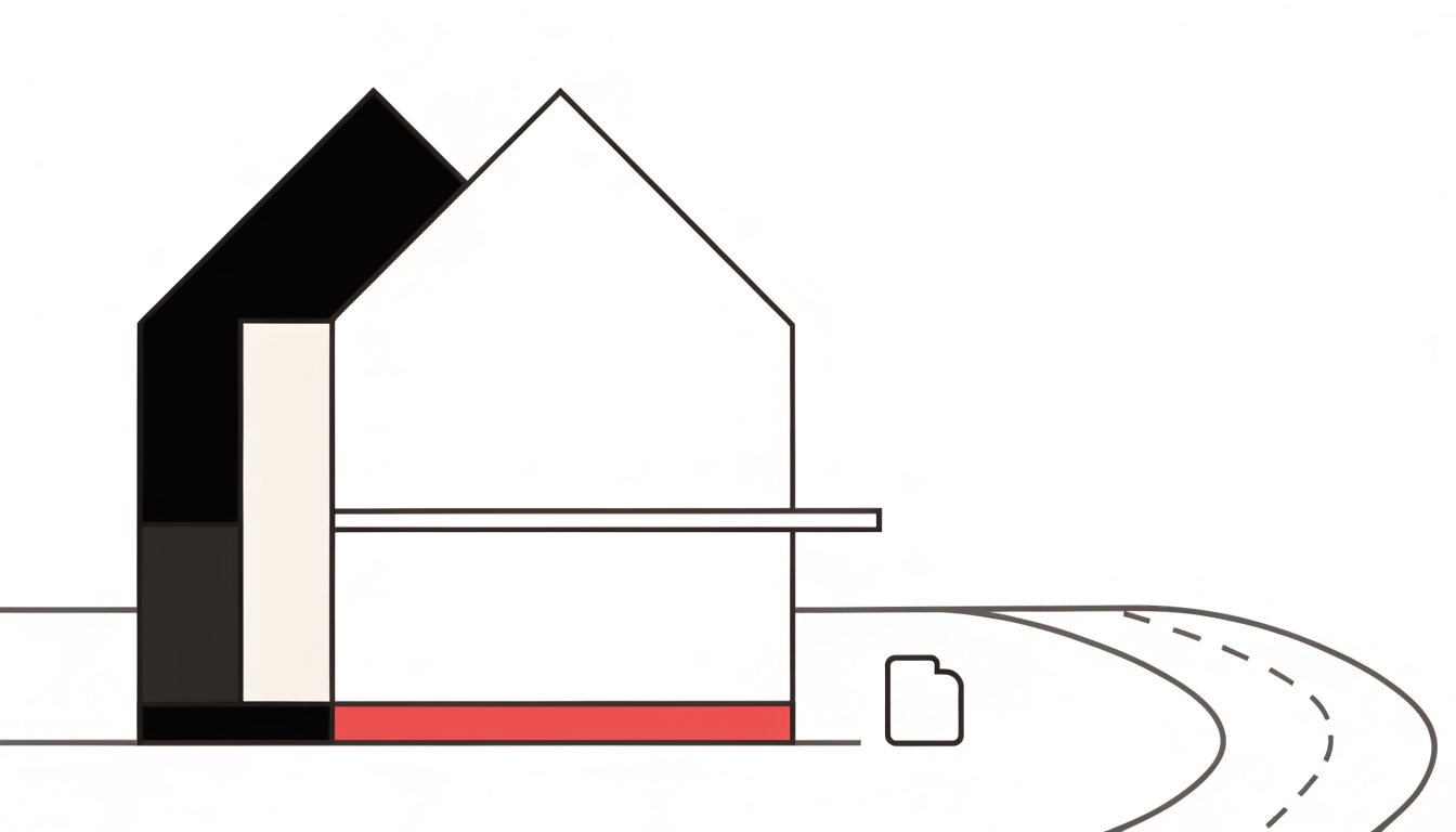 Flat vector illustration of a detached suburban house on a curved cul-de-sac road beside a clipboard showing a price negotiation