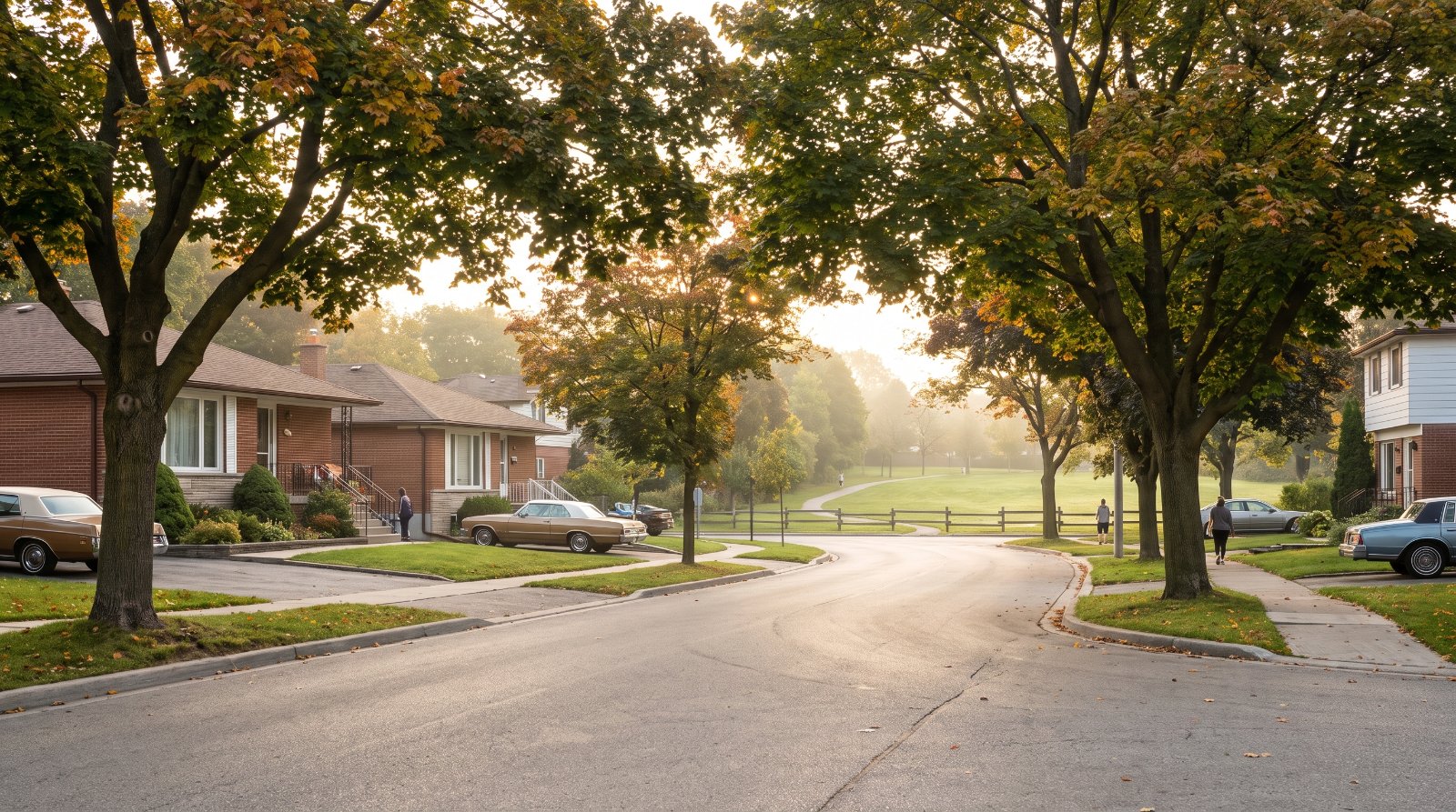 A leafy street of 1950s brick houses under mature maples in Alderwood, Etobicoke