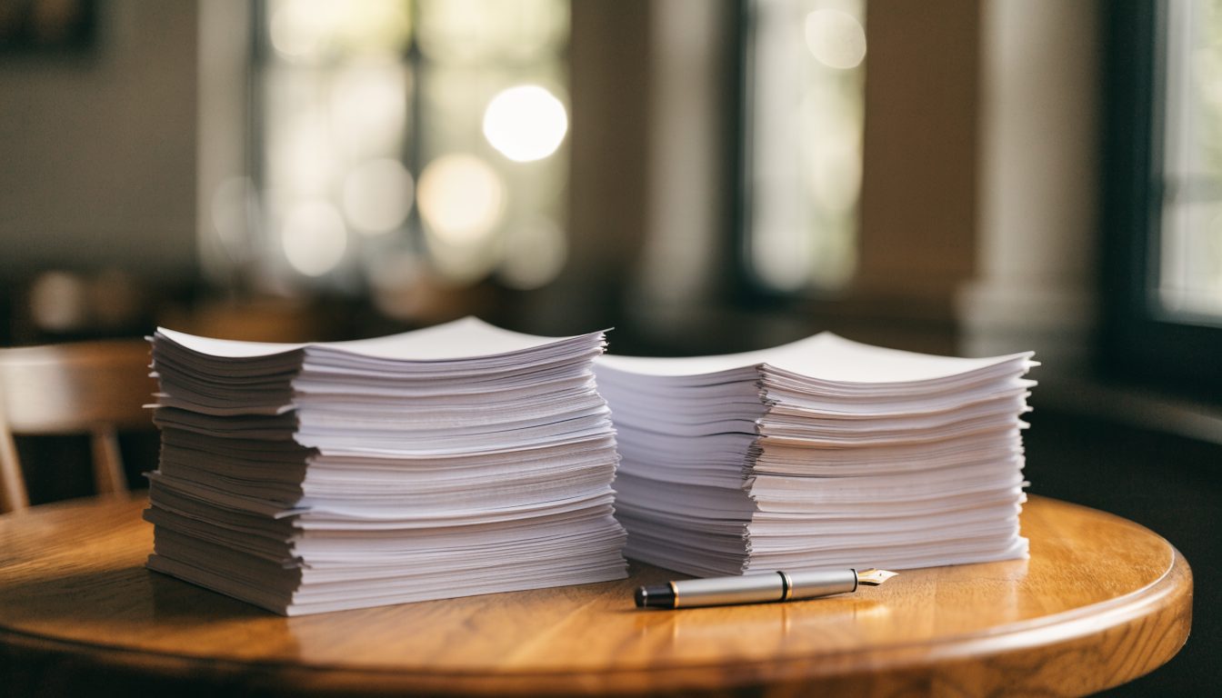 Two stacks of documents representing asset sale versus share sale (illustrative)