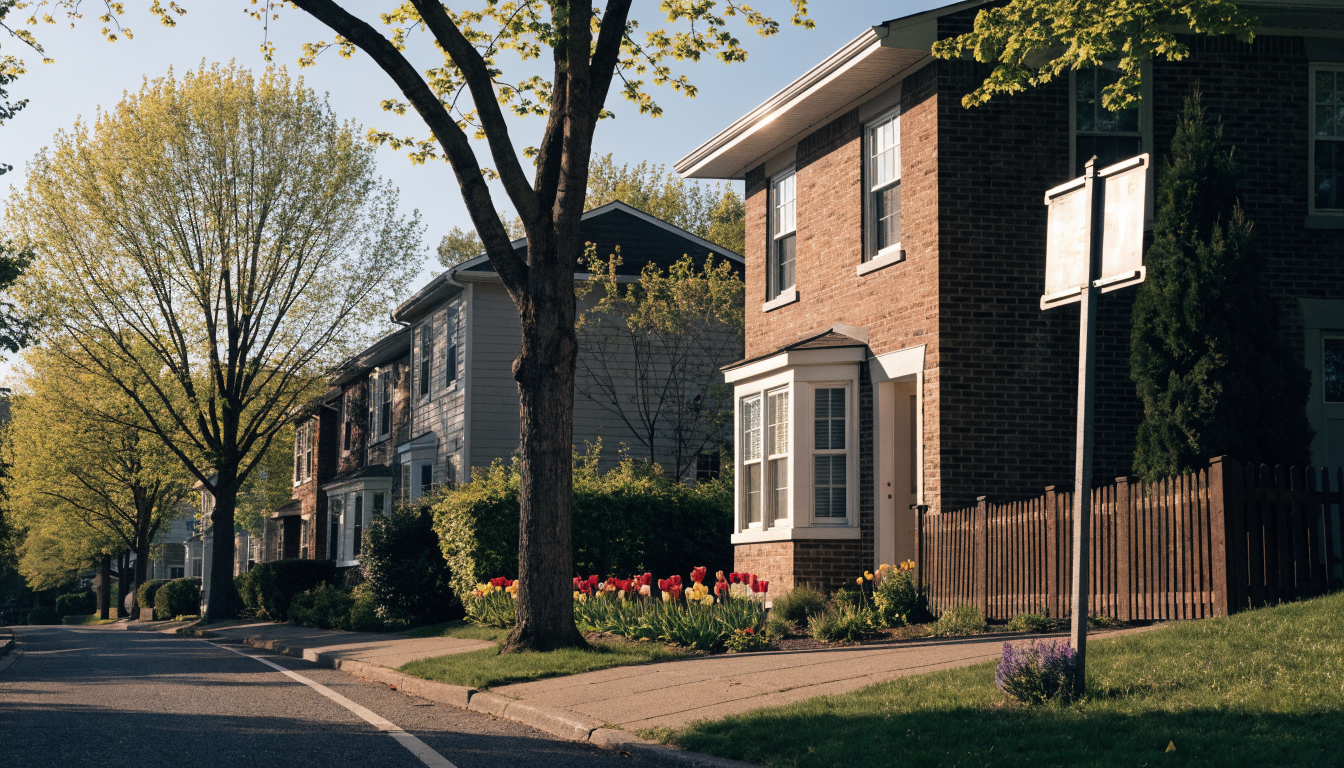 A Toronto residential street in late spring with trees in fresh leaf, tulips in a front garden and a blank real estate sign post