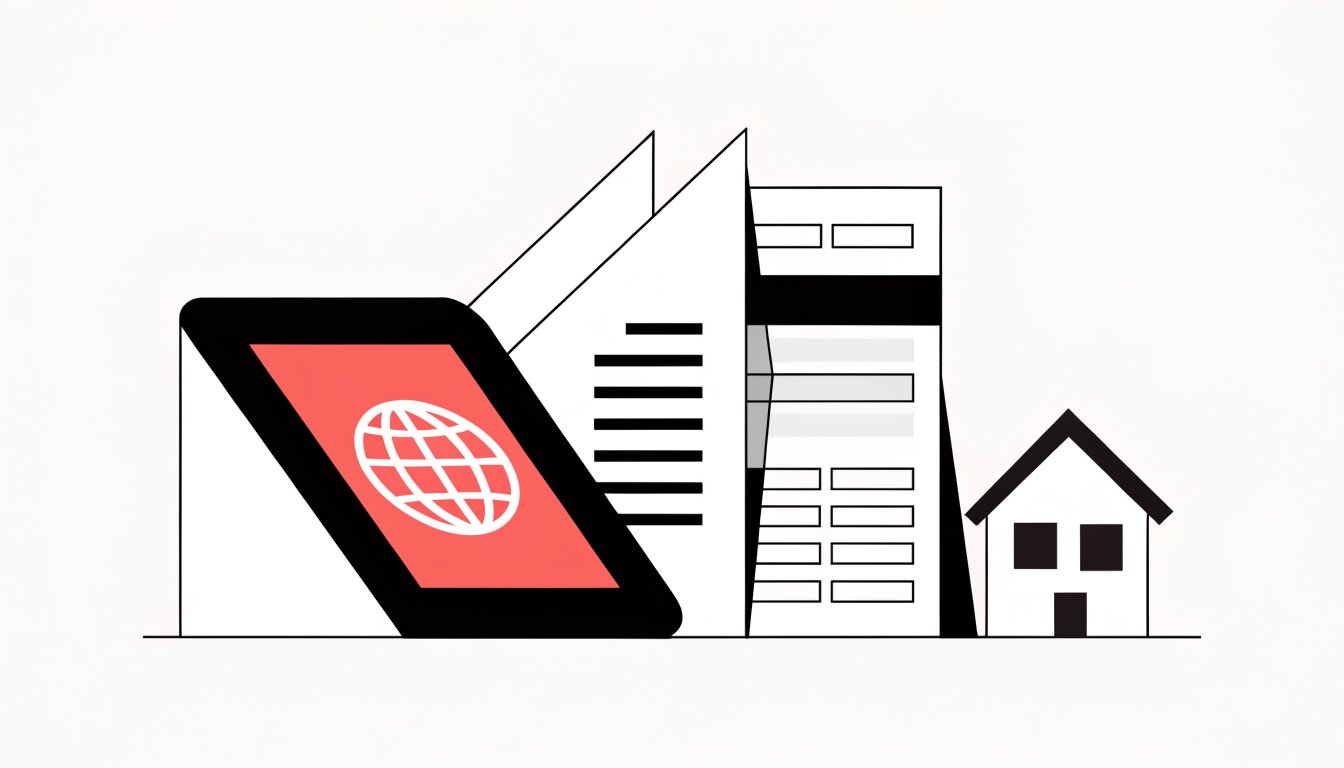 Illustration of mortgage documentation and identification being assembled for a first Canadian home purchase