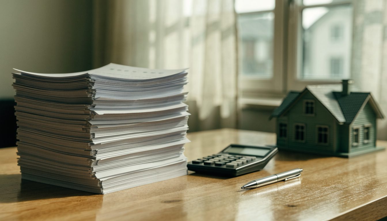 Calculator and tax documents beside a small house model (illustrative)