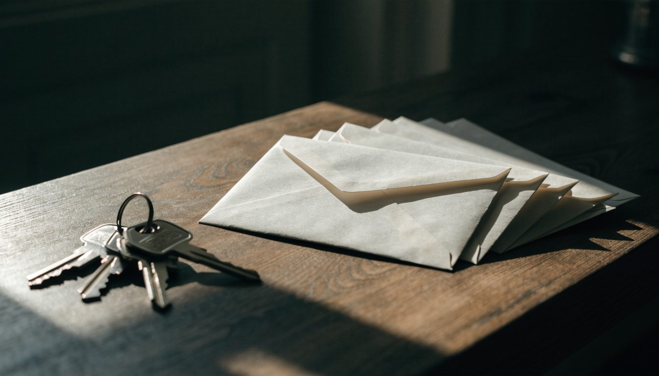 Sealed envelopes fanned beside house keys representing competing offers (illustrative)