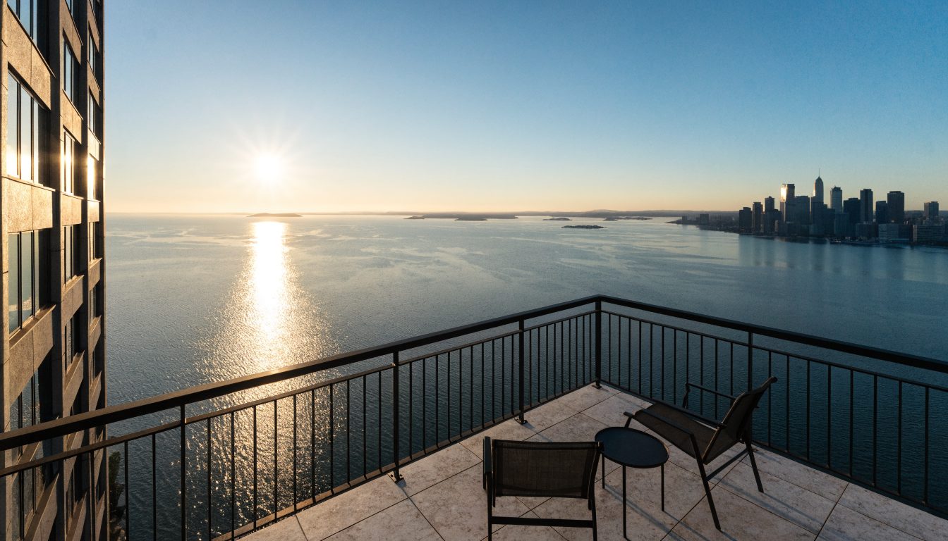 Condo balcony overlooking Lake Ontario at sunrise, Etobicoke (illustrative)