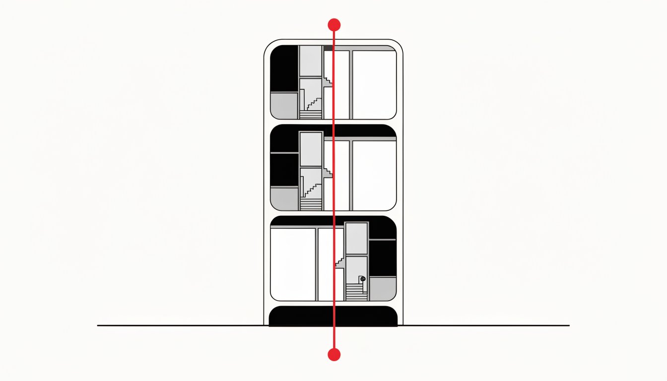 Flat vector cutaway of a condominium tower showing stacked units with a boundary line separating the insured shell from added interior fittings, and a water path tracing downward