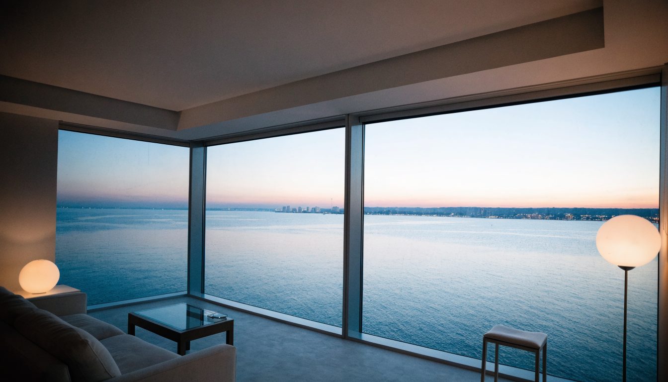 Condo living room with floor-to-ceiling windows over Lake Ontario (illustrative)