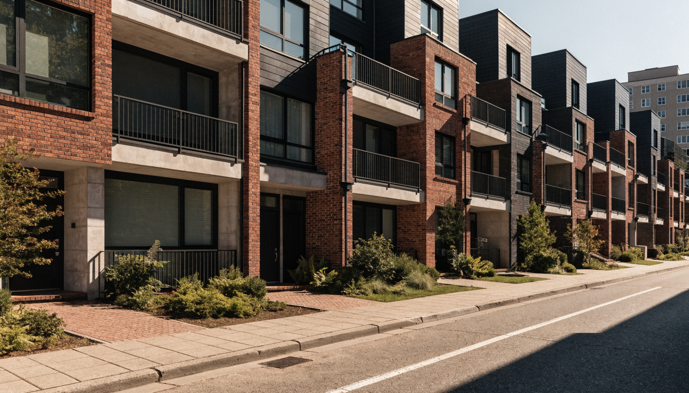 A row of modern three-storey condominium townhomes in brick and dark cladding with individual front entrances