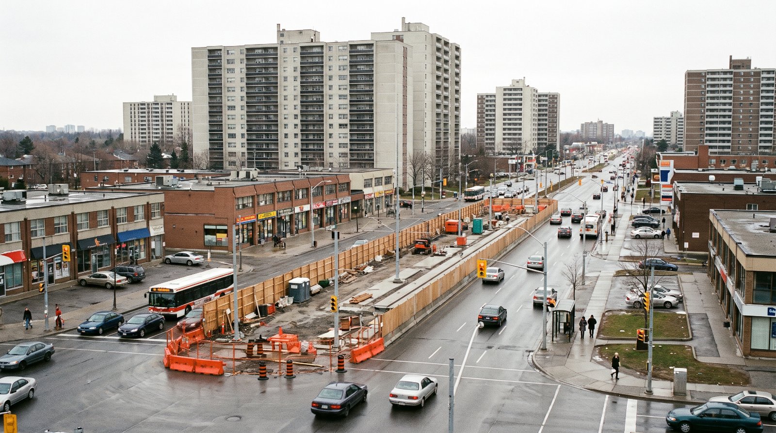 High-rise apartment buildings and light-rail construction along Hurontario Street in Cooksville, Mississauga