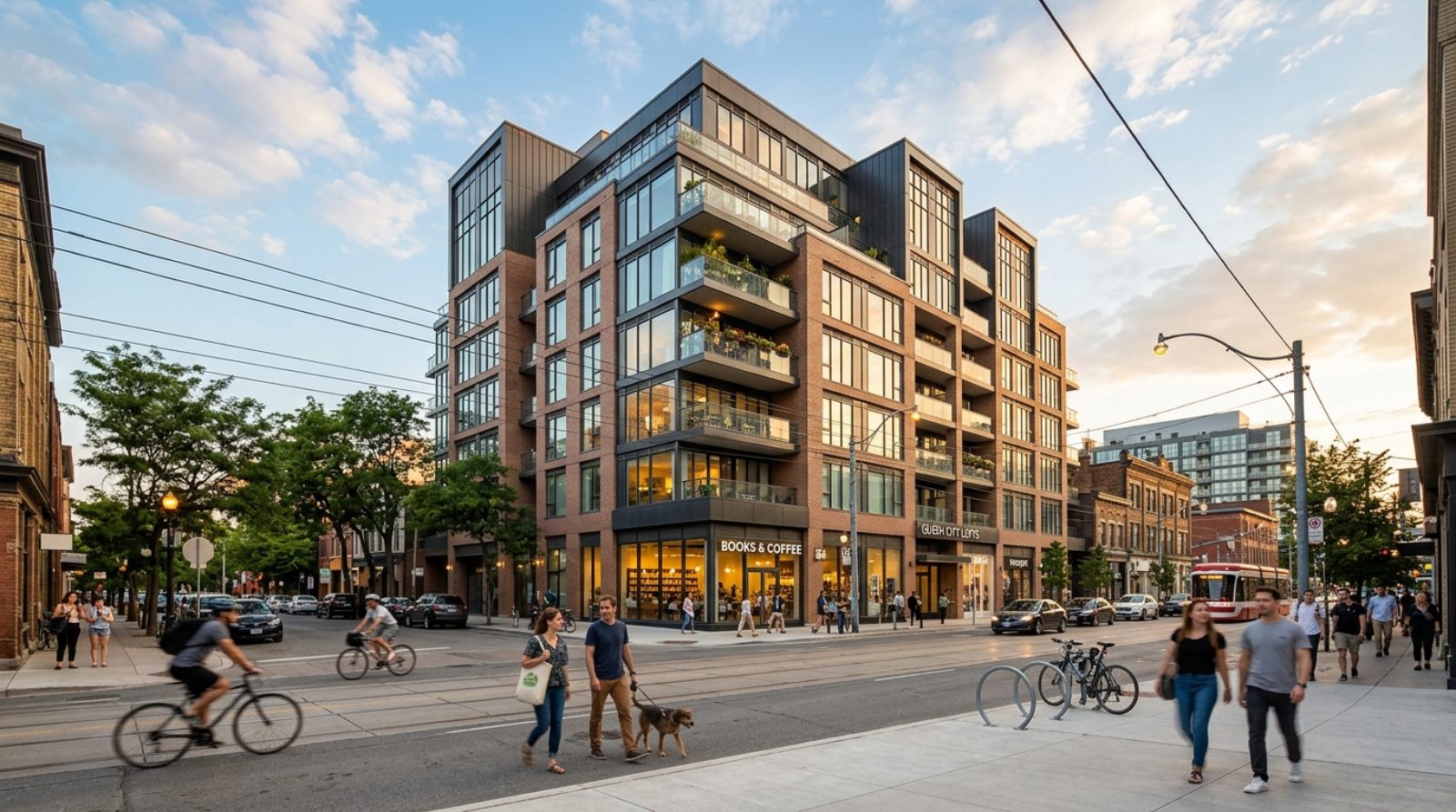 A newly completed mid-rise condominium on a Toronto retail avenue with people walking past ground-floor shops