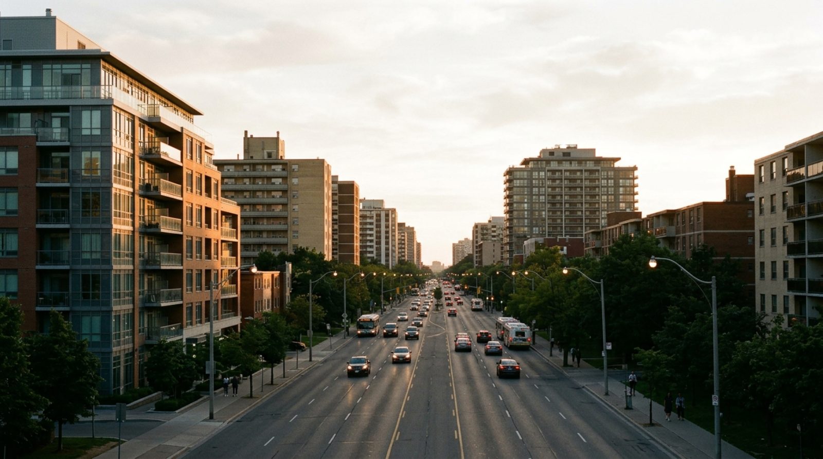 A wide view down a long Toronto arterial road with mid-rise buildings receding into the distance on both sides