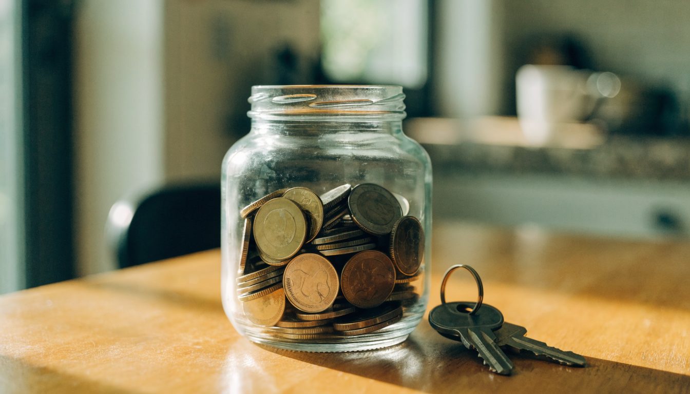 Jar of coins and house keys representing saving for a down payment (illustrative)