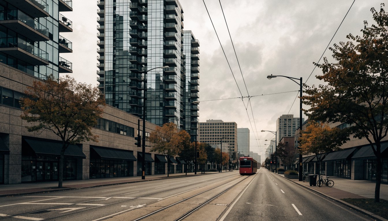 Toronto arterial street with a streetcar and new condominium towers