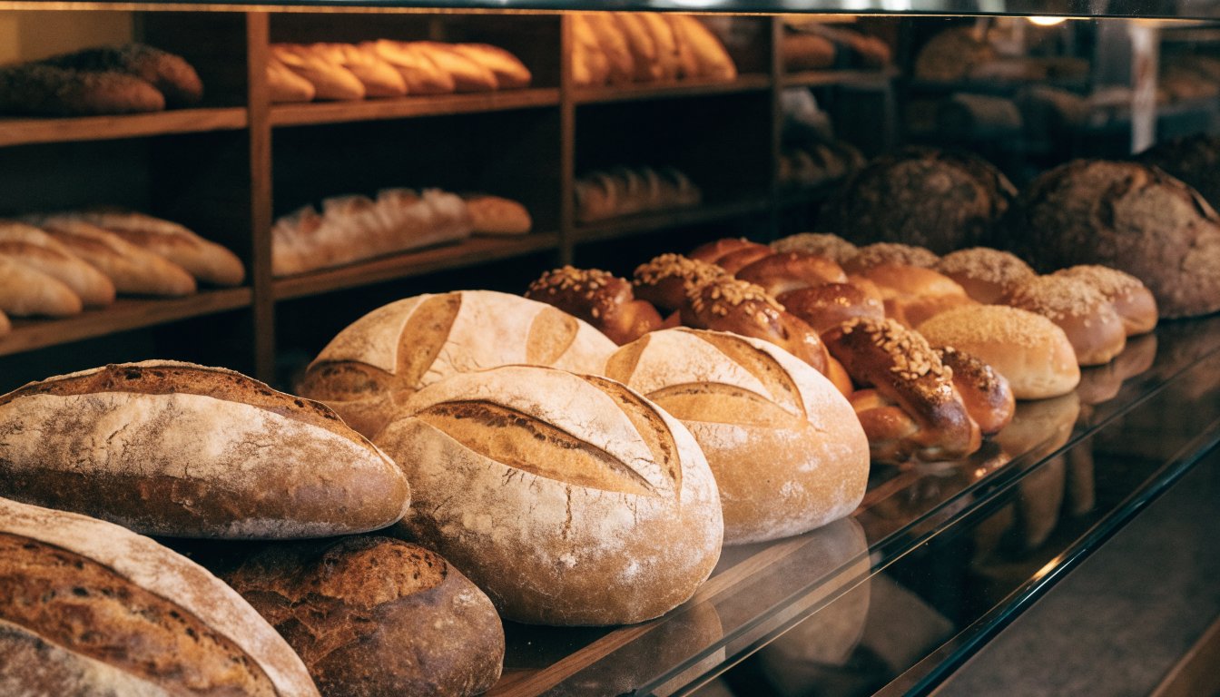 Bakery display case of fresh breads and pastries (illustrative)