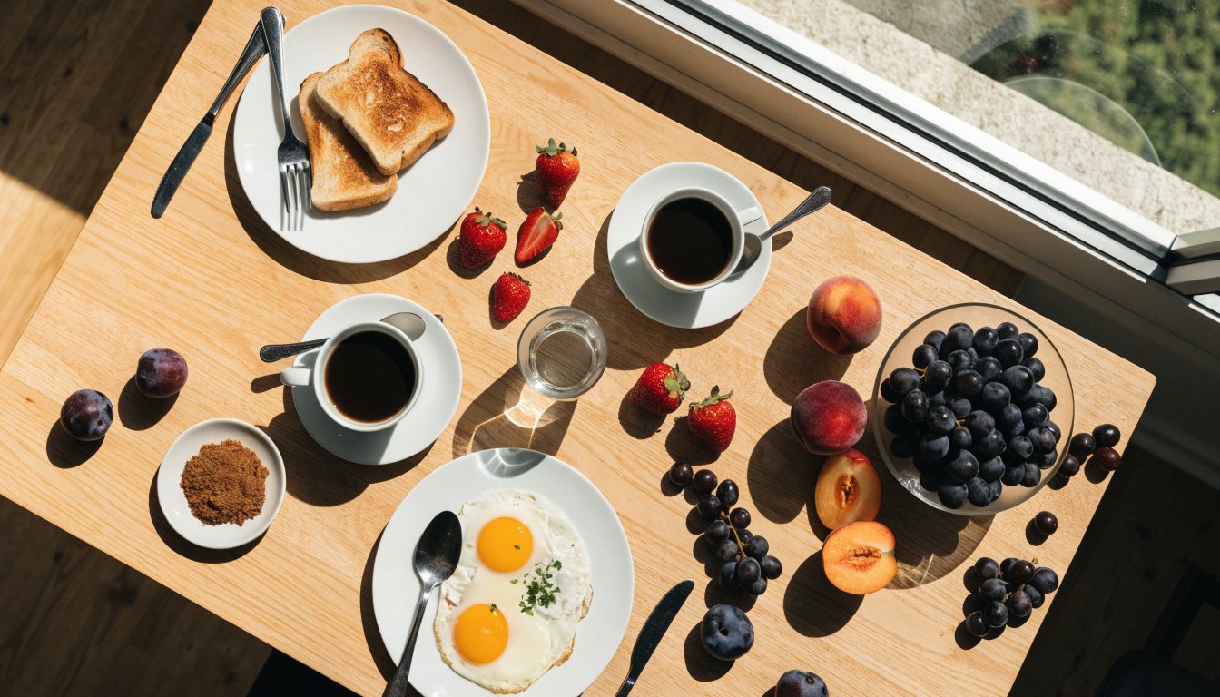 Brunch table with eggs, fruit and coffee by a window (illustrative)
