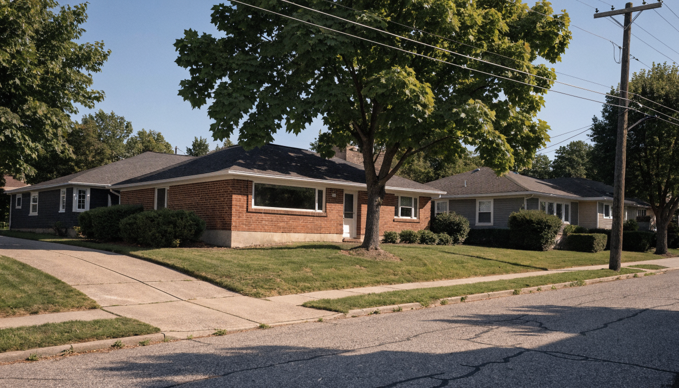 A 1950s Etobicoke brick bungalow seen from the street, with a picture window, concrete driveway and a mature maple on the lawn