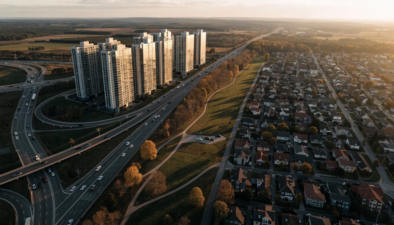 Aerial view of condominium towers beside a highway interchange
