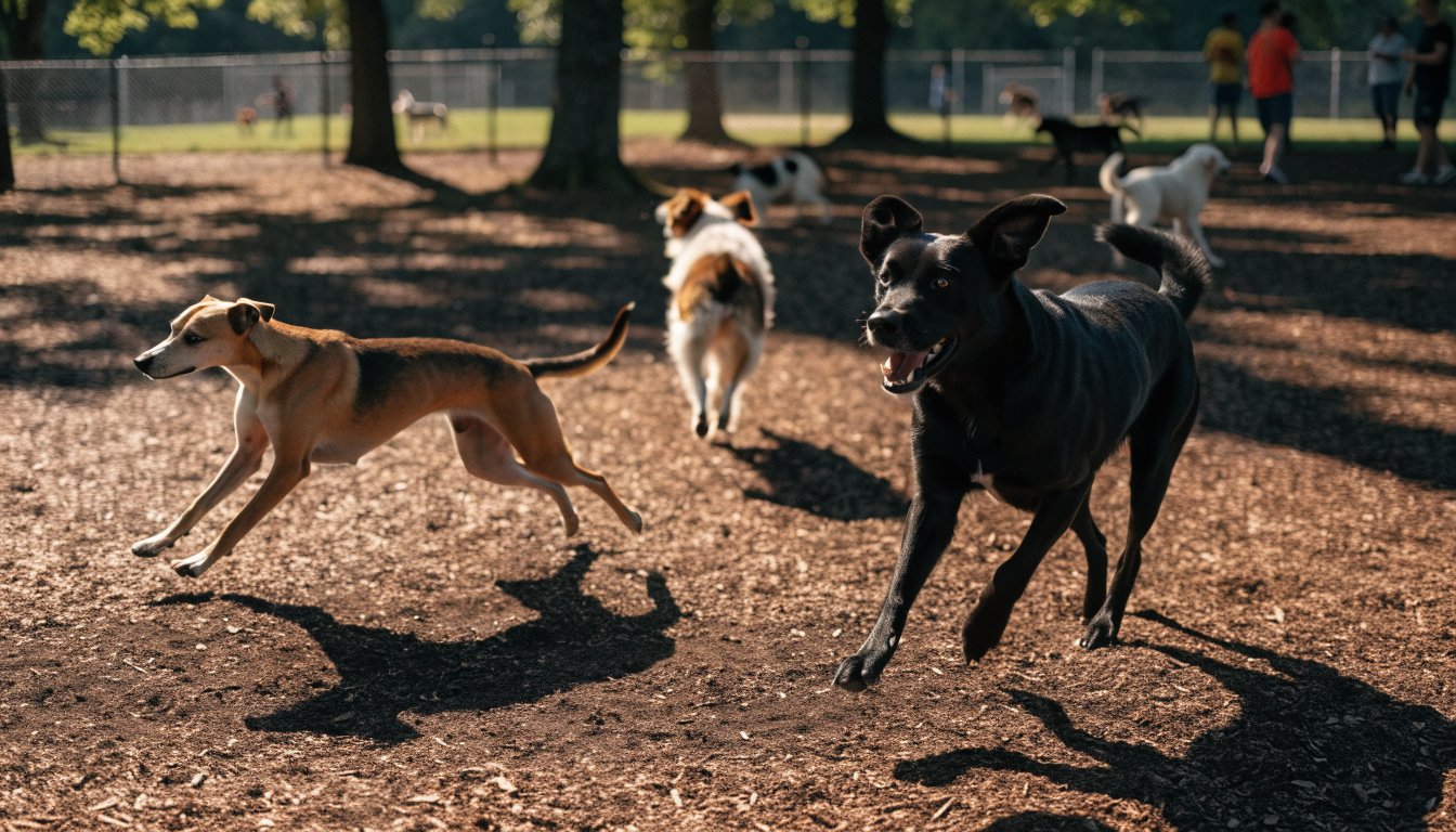 Dogs running in a fenced off-leash park (illustrative)