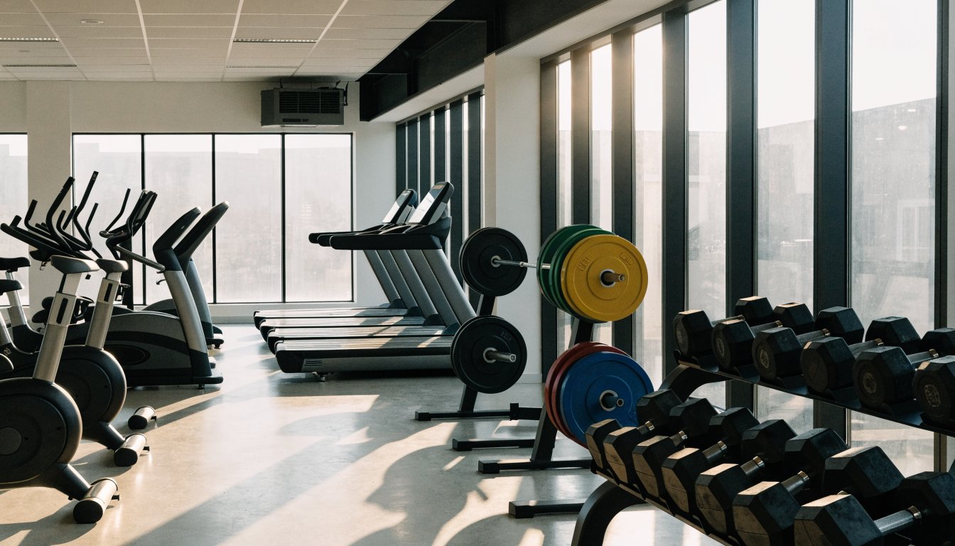 Modern gym interior with cardio machines and weights (illustrative)
