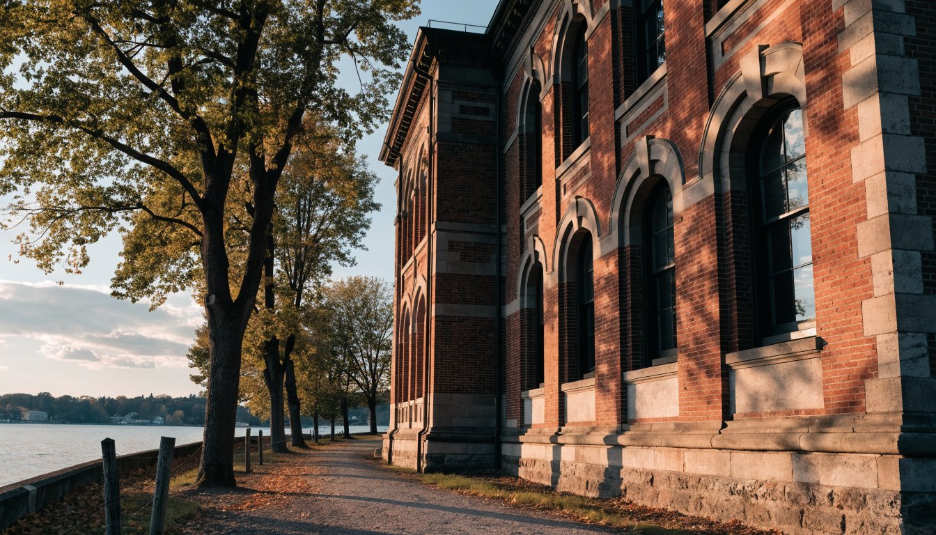 Historic red brick building beside a lakeside path in autumn (illustrative)