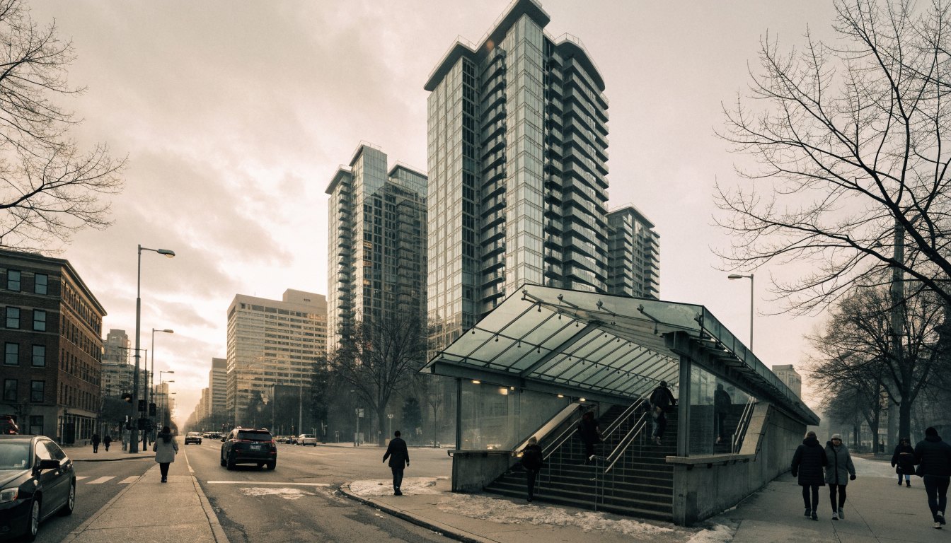 Subway station entrance on a Toronto arterial street with condominium towers behind