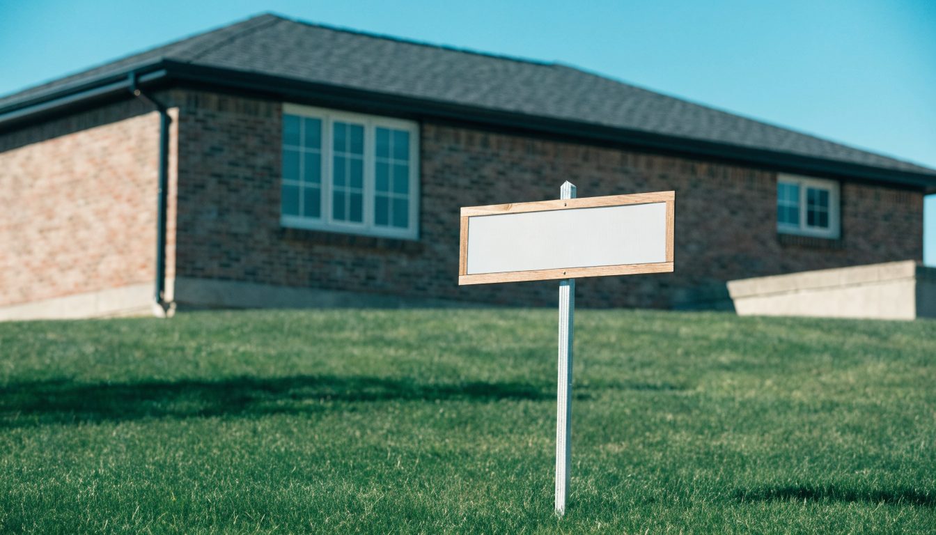 Blank for sale sign on the front lawn of a brick house (illustrative)