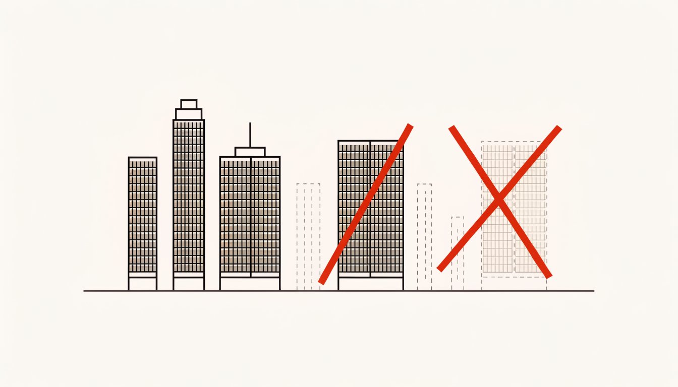 Illustration of a halted condominium development with a cancelled project notice
