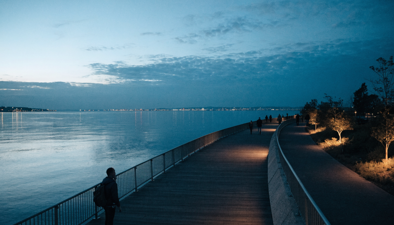 Lake Ontario waterfront at dusk with a long pier and new mid-rise buildings under construction (illustrative)