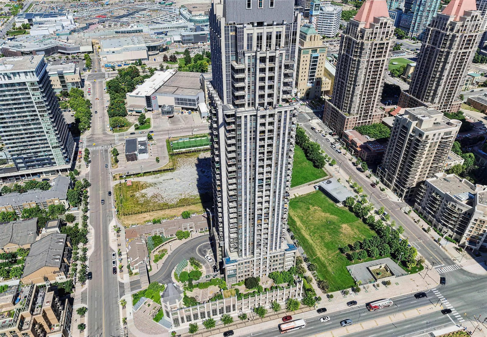 Aerial view of 388 Prince of Wales Dr condo tower, Mississauga City Centre — sold by Jatin Dua