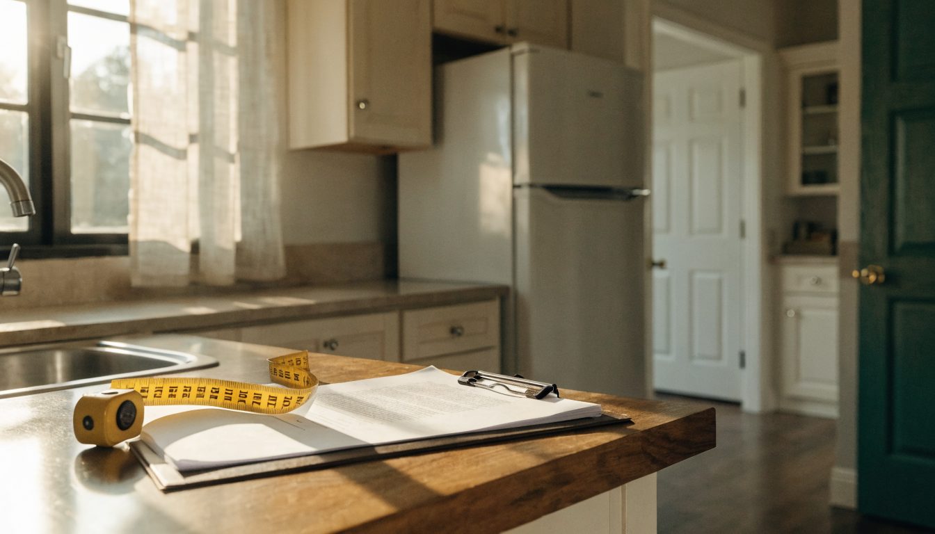 Clipboard and measuring tape on a kitchen counter during a home evaluation (illustrative)