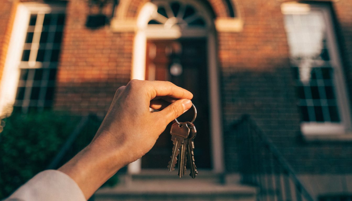 Hand holding house keys at a townhouse front door (illustrative)