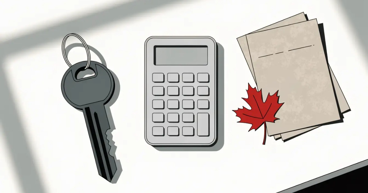 An illustration of house keys, a calculator, paperwork and a red maple leaf on a white surface