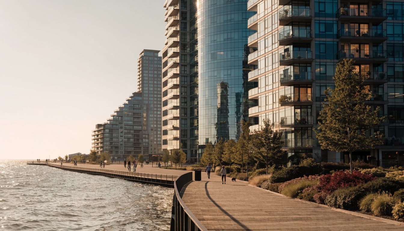 Waterfront promenade with condo towers in Humber Bay Shores, Etobicoke (illustrative)