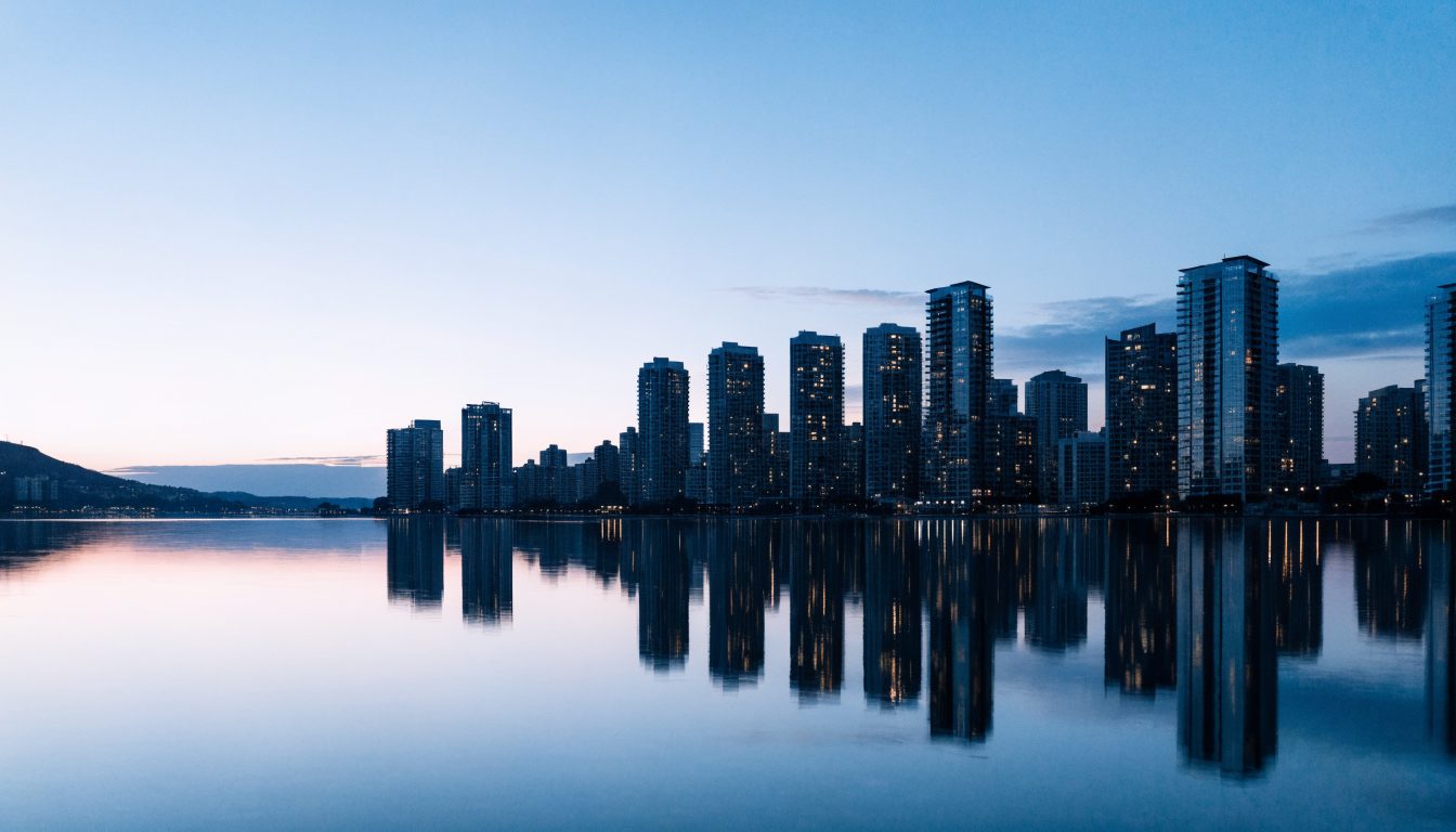 Humber Bay Shores condo skyline at blue hour across the water (illustrative)