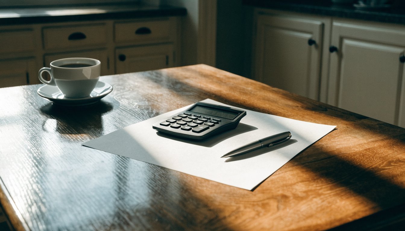 Calculator and letter on a kitchen table representing a rent increase notice (illustrative)