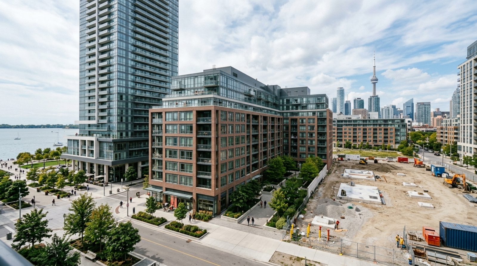 A master-planned condominium community with a completed tower, a completed mid-rise and a vacant lot awaiting a third phase