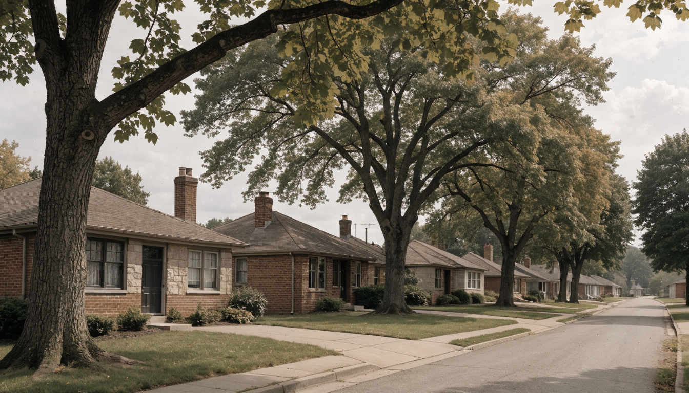 A quiet Alderwood street of 1950s brick bungalows with wide lawns and large mature trees under overcast light