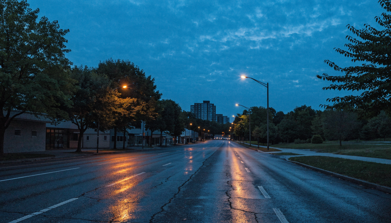 A wide Etobicoke arterial road at dusk with low-rise retail, mature street trees and lit streetlights