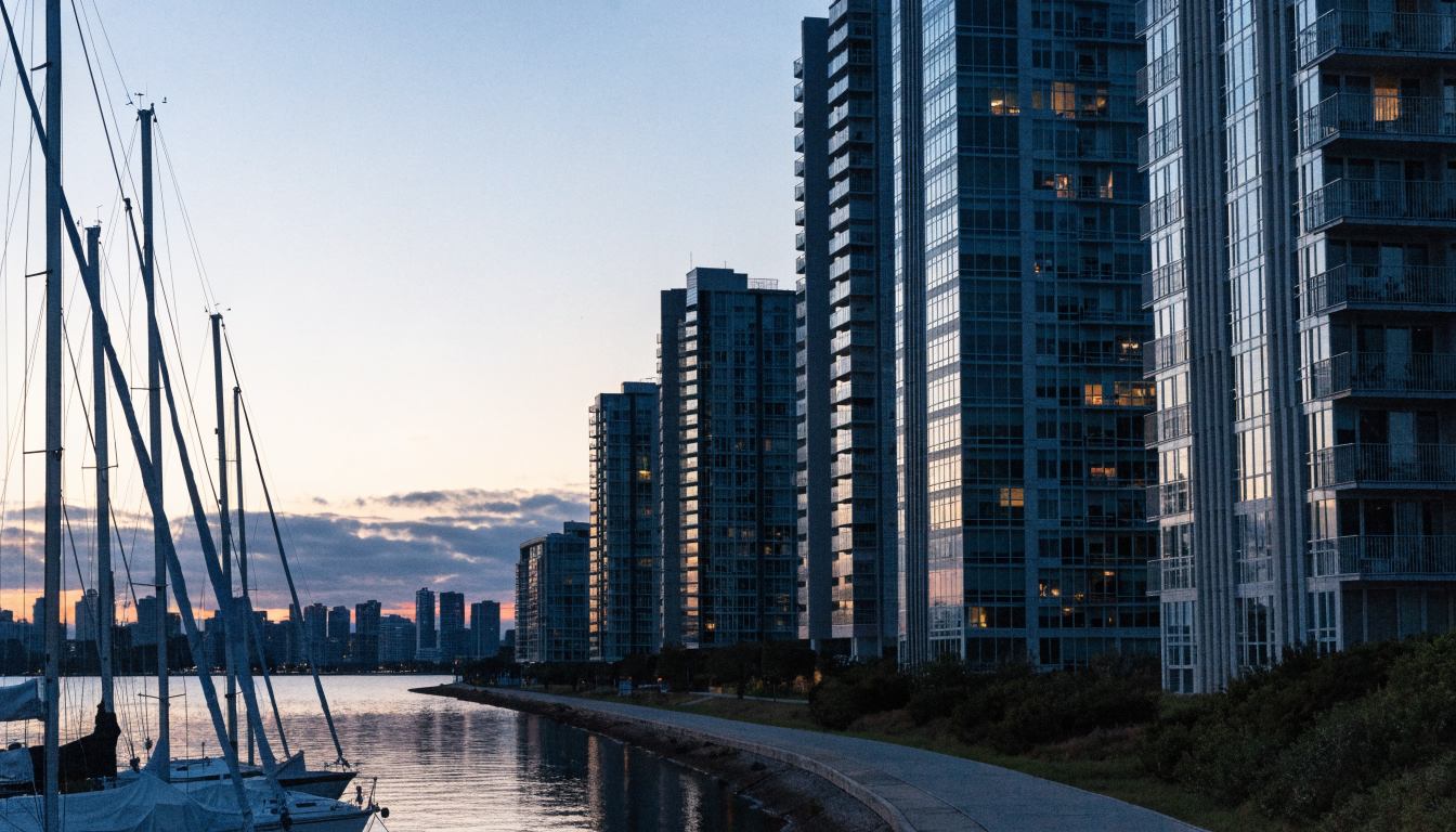 Humber Bay Shores glass condominium towers along the lakeshore promenade at dusk with marina masts in the foreground