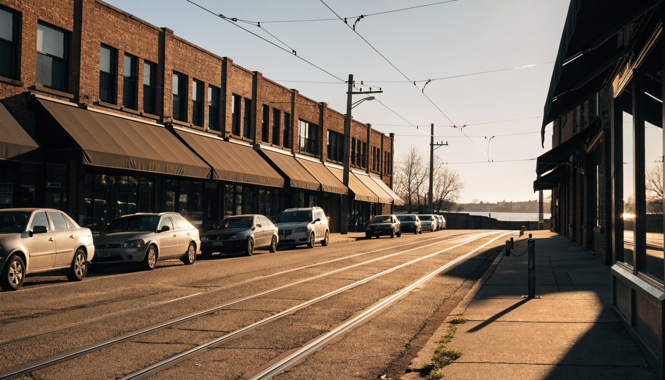 A Long Branch main street of two-storey brick storefronts with streetcar tracks and overhead wires in late afternoon light
