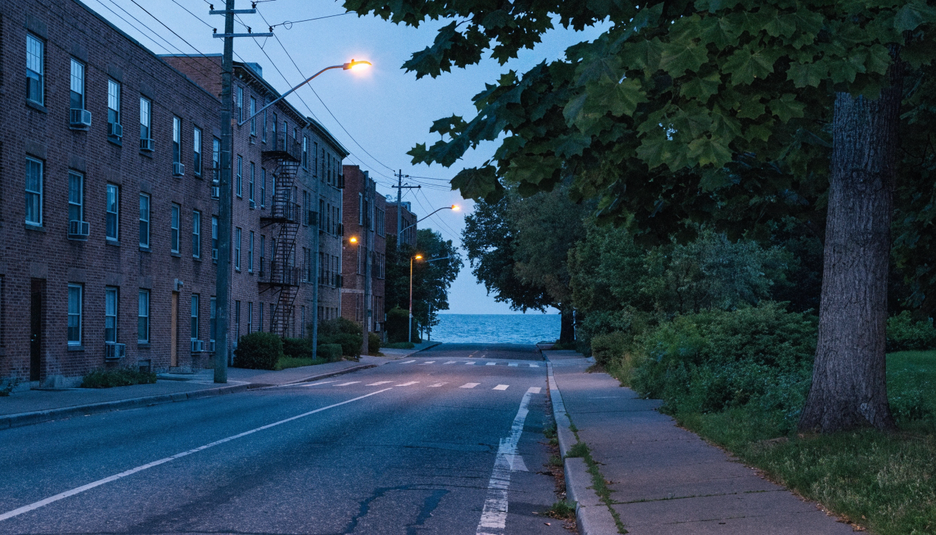 A Mimico residential street at dusk with brick low-rise apartment buildings, mature maples and Lake Ontario at the end of the street