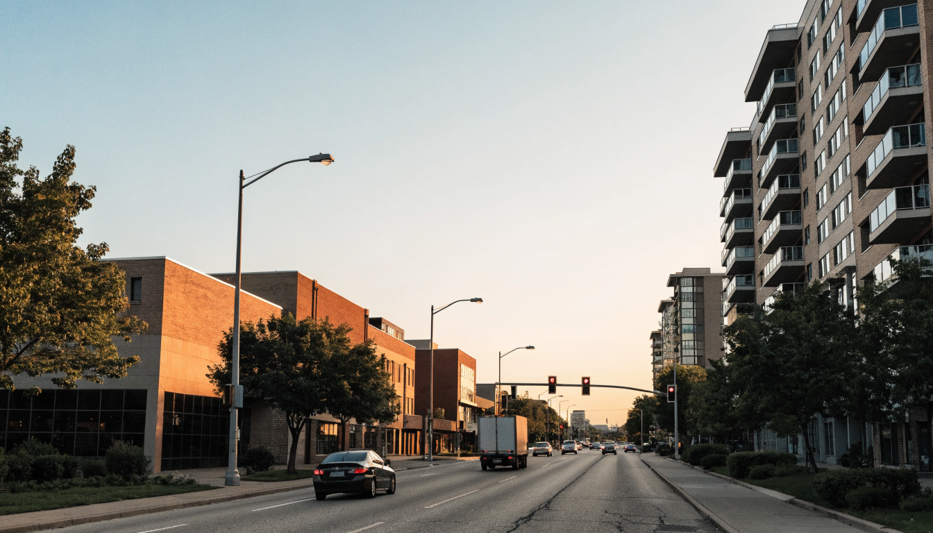 The Queensway in early evening, with mid-century low-rise retail plazas beside newer mid-rise condominium buildings