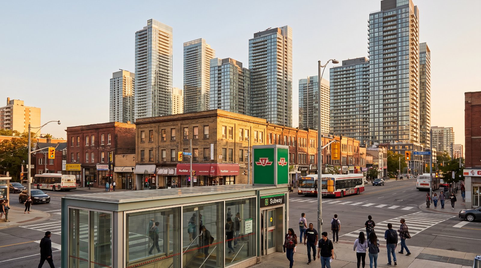 Condominium towers rising behind low-rise brick storefronts on Bloor Street West at Islington, Etobicoke Centre