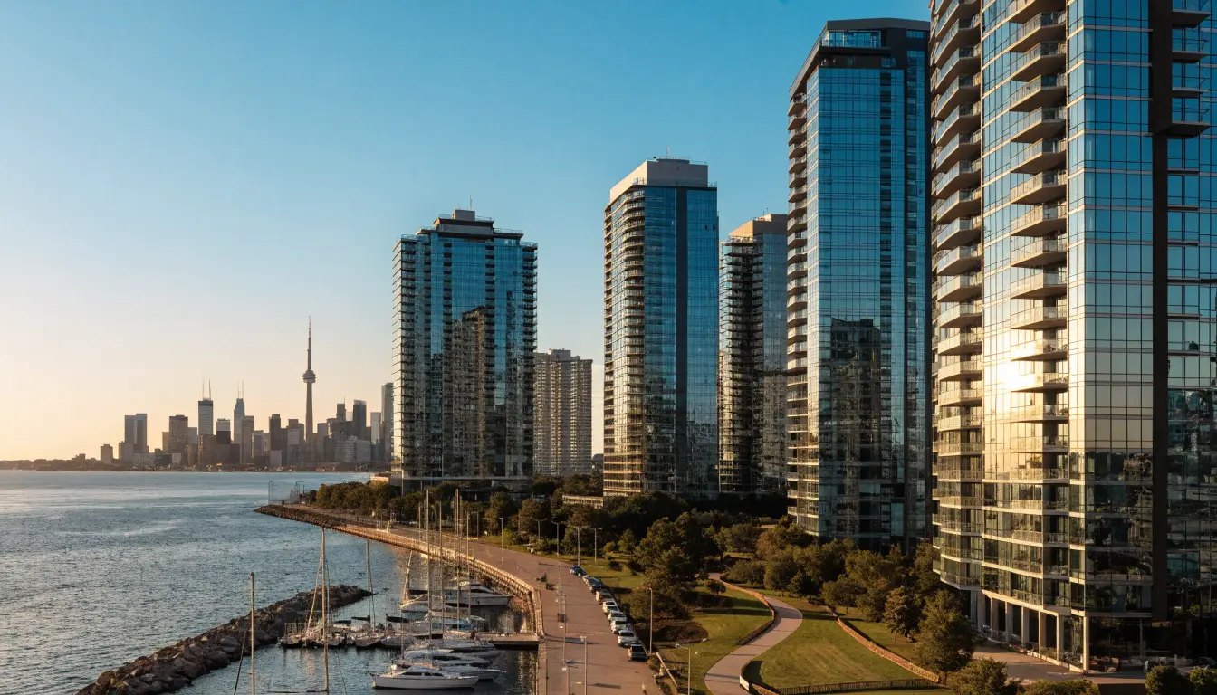Waterfront condos and low-rise streets in south Etobicoke, comparing Mimico and New Toronto