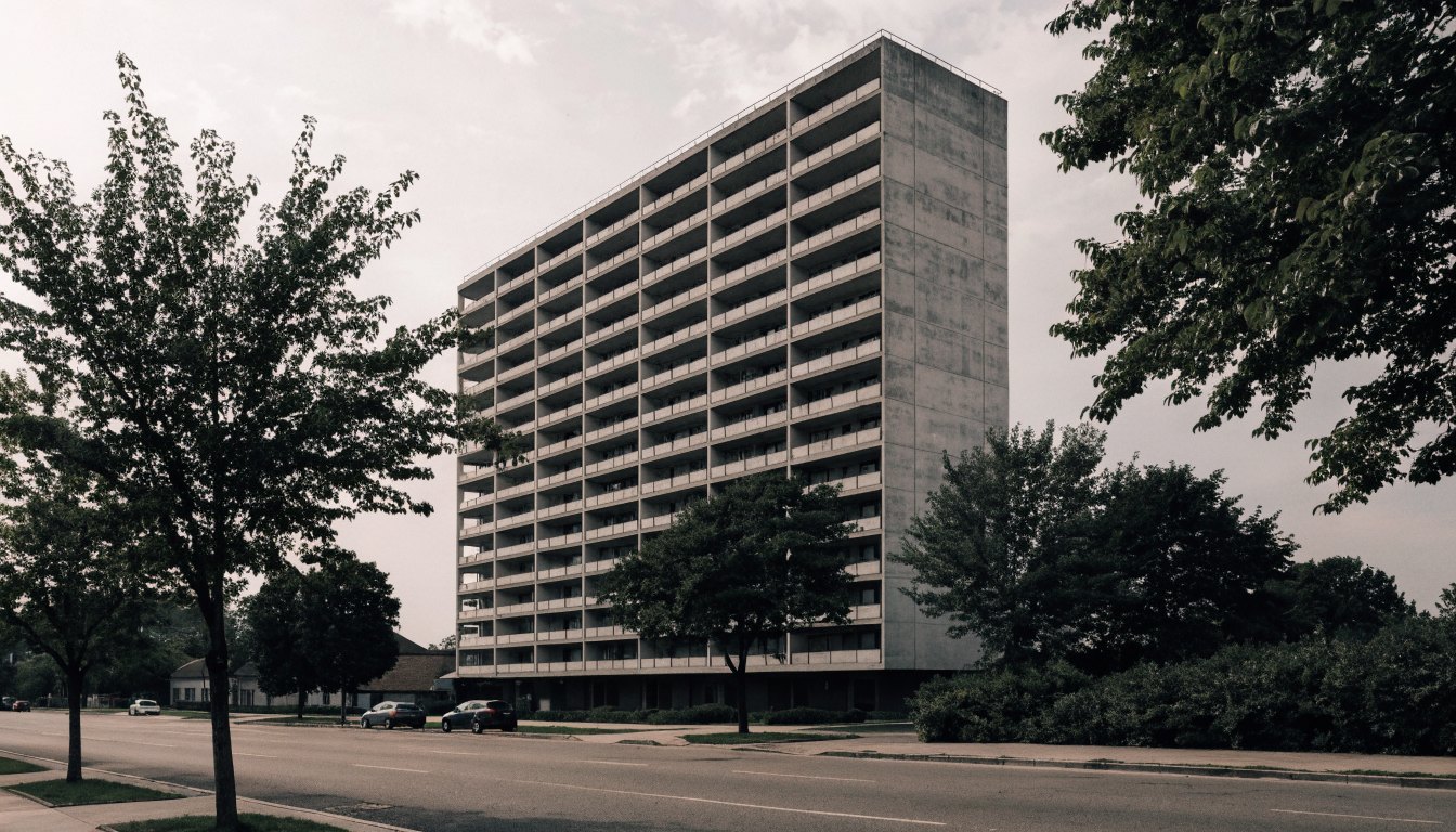A 1970s concrete high-rise apartment tower with repeating balconies, typical of older Etobicoke condominium stock