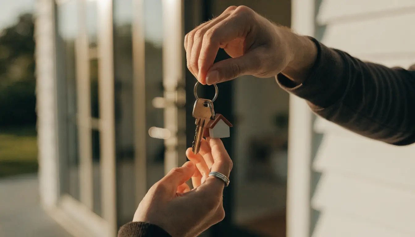 Two people exchanging house keys, representing buying a home together unmarried