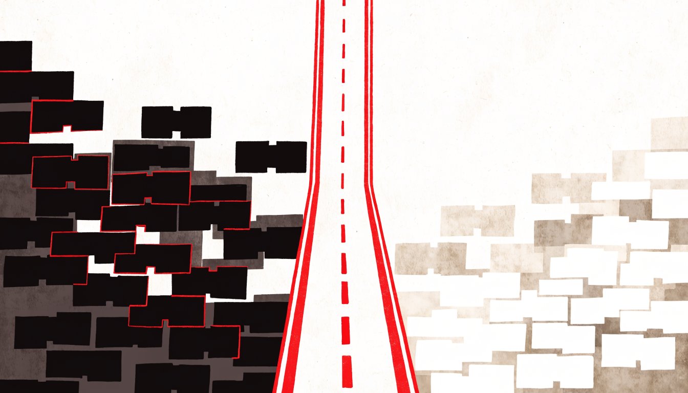 Abstract editorial illustration of a highway band dividing two fields