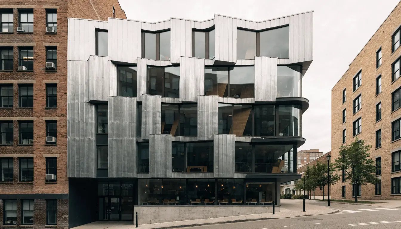 The Hive Lofts, a small Teeple Architects designed loft building with corrugated zinc cladding at 892 The Queensway, Etobicoke
