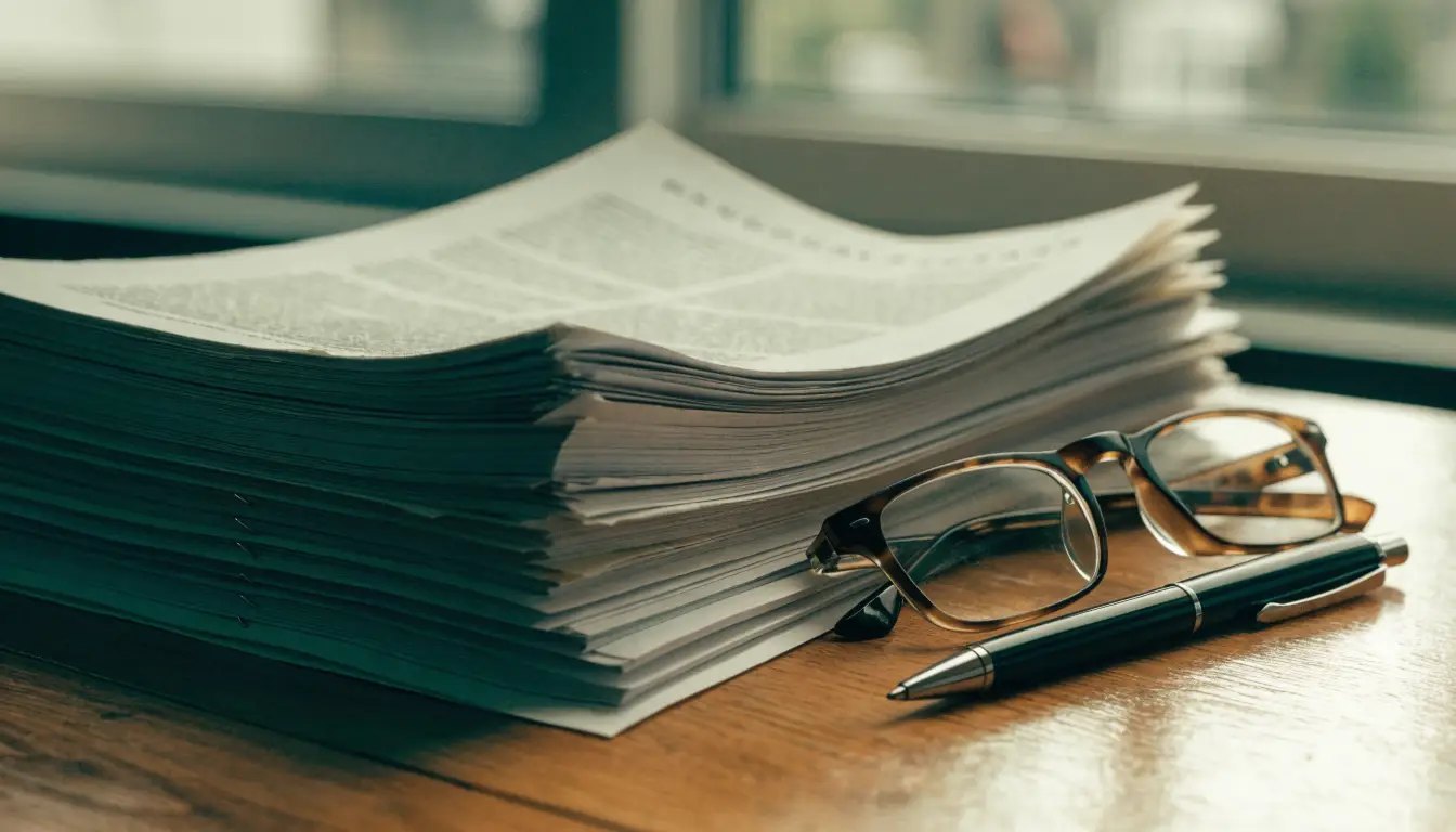 Condo status certificate document package with reading glasses on a desk