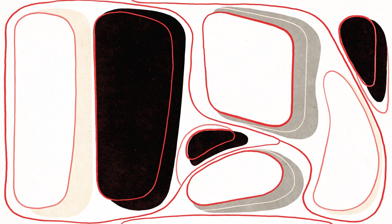Abstract editorial illustration of shapes absorbed into one red boundary