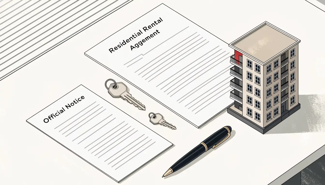 A rental agreement, house keys and an official notice form representing the Ontario N12 own-use notice process